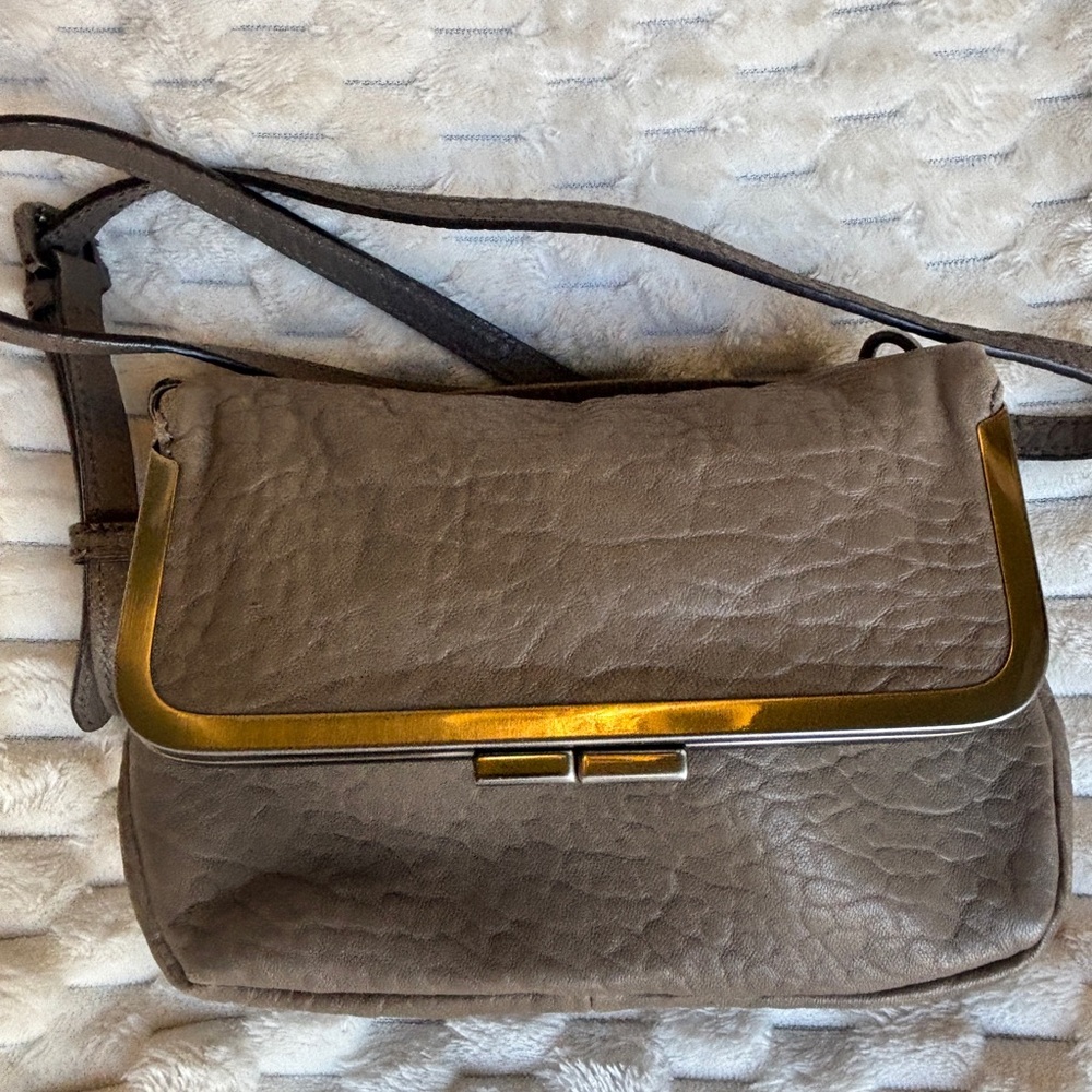 Vince Camuto Taupe Pebbled Leather Crossbody Flap Bag Gunmetal Frame